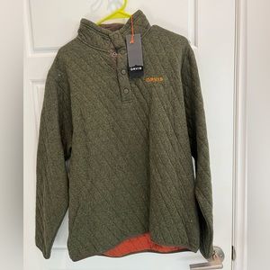 Quarter snap up, olive green, Orvis sweater